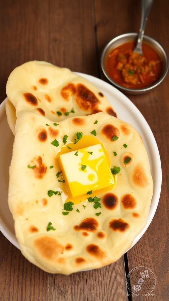 Garlic Butter Naan Recipe Golden brown garlic butter naan garnished with cilantro on a rustic plate with a bowl of curry.